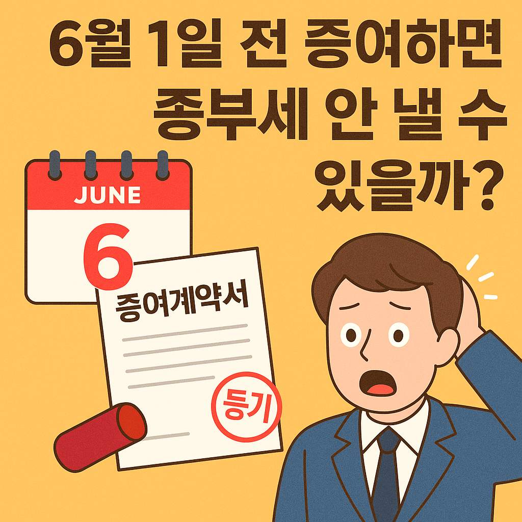 6월 1일 이전 증여 시 종합부동산세 절세가 가능한지 여부를 시각적으로 안내하는 썸네일로, 달력과 증여계약서, 등기 도장, 놀란 표정 캐릭터가 포함된 고지형 구성입니다.