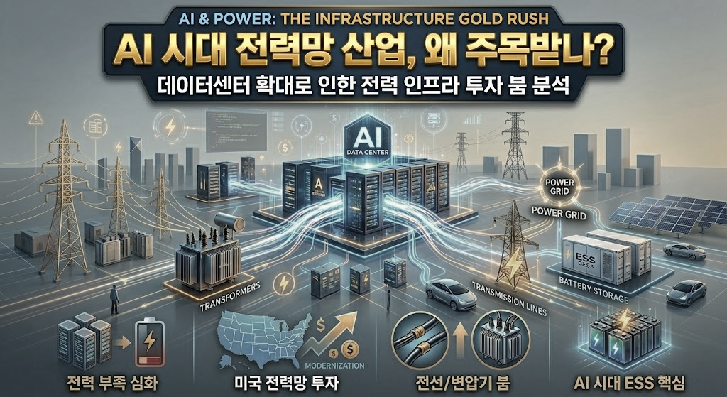 AI 데이터센터 확대에 따른 전력 인프라 투자 붐을 설명하는 블로그 썸네일. 상단에 'AI 시대 전력망 산업, 왜 주목받나?'라는 대형 타이틀이 강조되어 있으며, 하단에는 전력 부족, 미국 전력망 투자, 전선 및 변압기 붐, ESS 산업 등 핵심 키워드가 데이터센터 및 변전소 일러스트와 함께 배치되어 있습니다.
