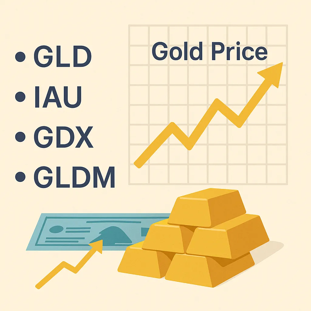 금 가격 상승 그래프와 함께 ETF 종목명이 나열된 금융 일러스트
