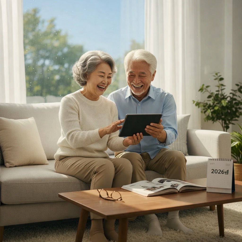 2026년 기초연금 수급자격을 확인하며 기뻐하는 노부부의 모습