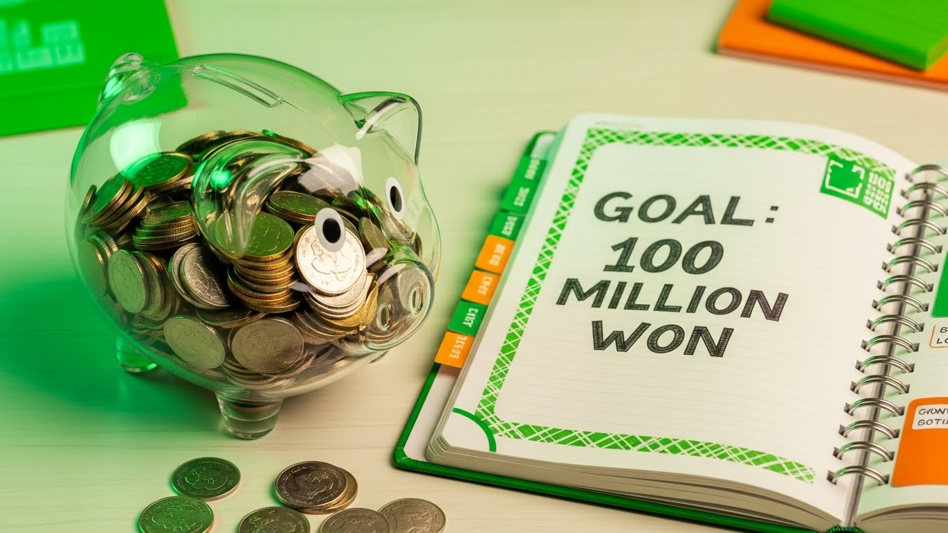 A piggy bank filled with gold coins next to a planner with 'Goal 100 Million Won' written on it, Green and Orange theme.
(동전이 가득 찬 돼지 저금통과 '목표 1억 원'이 적힌 플래너가 놓인 책상 이미지)