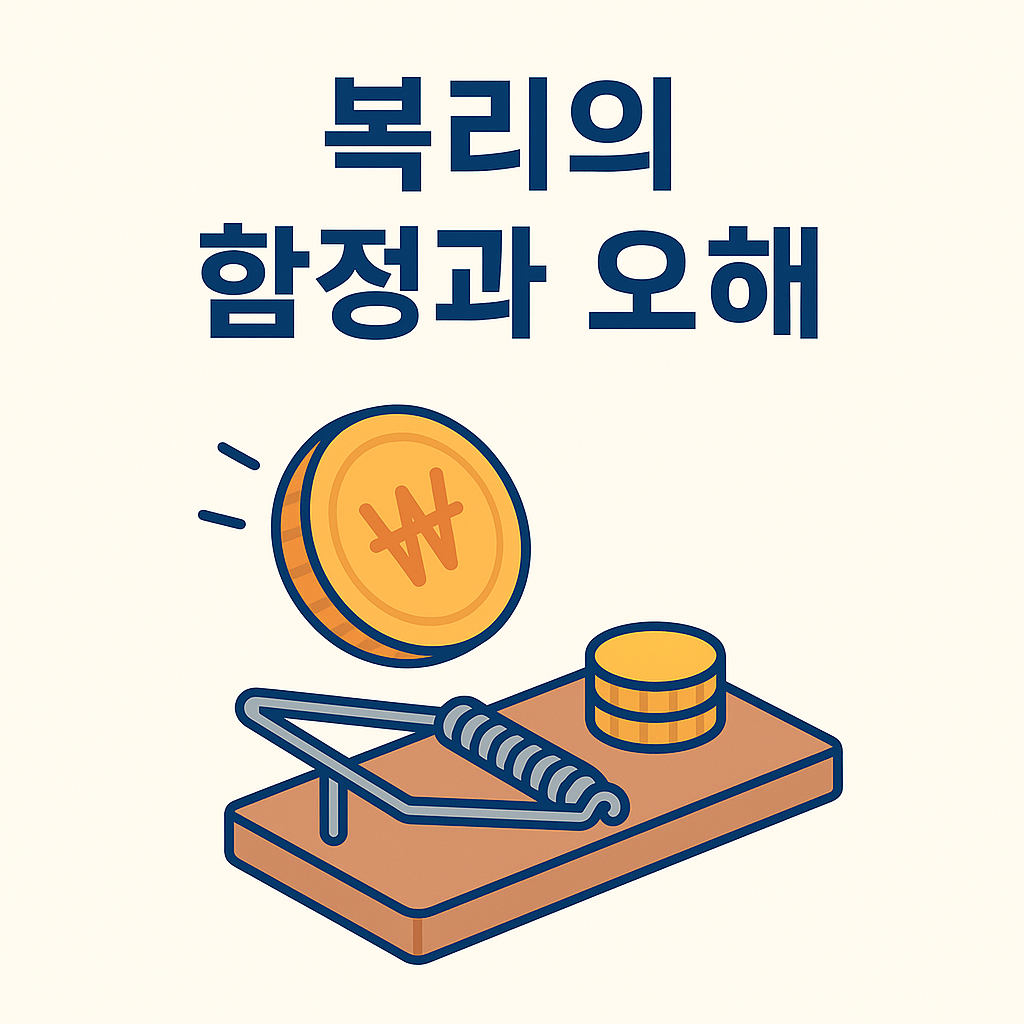 상단에는 진한 파란색 글씨로 "복리의 함정과 오해"라는 문구가 적혀 있고, 하단에는 복리 수익을 상징하는 원화 동전이 쥐덫 위로 떨어지는 장면이 묘사되어 있음.
쥐덫에는 금색 동전 더미가 미끼로 놓여 있으며, 전체적으로 복리가 항상 이익이 아니라는 경고성 메시지를 전달하는 일러스트.