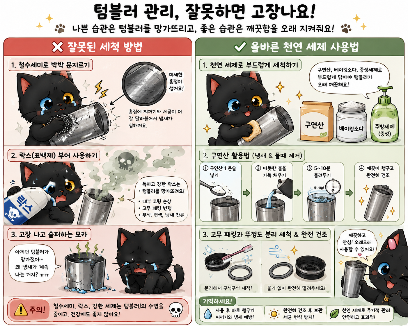 텀블러를 철수세미로 문지르거나 락스를 부어 고장 내고 슬퍼하는 캐릭터와 올바른 천연 세제 사용법을 대비해 보여주는 만화
