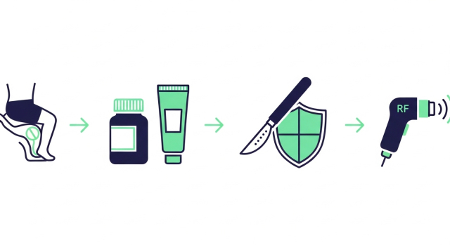 케겔운동&middot;약물&middot;수술&middot;비비브 등 질 이완&middot;요실금 치료 옵션을 한 줄로 정리한 아이콘 이미지