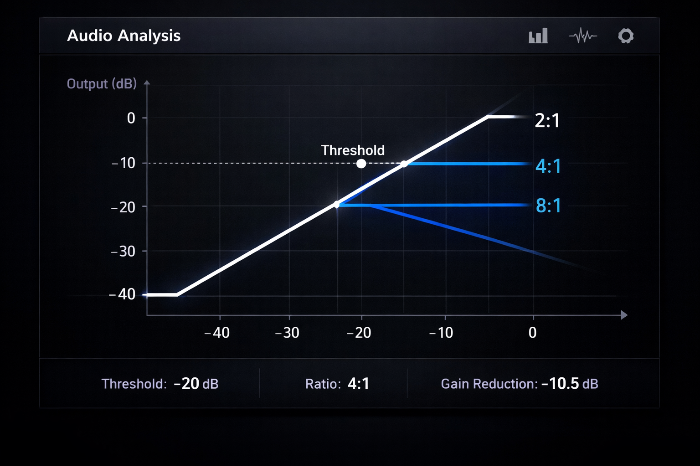 컴프레서의 입력 레벨 대비 출력 레벨 전송 곡선 그래프