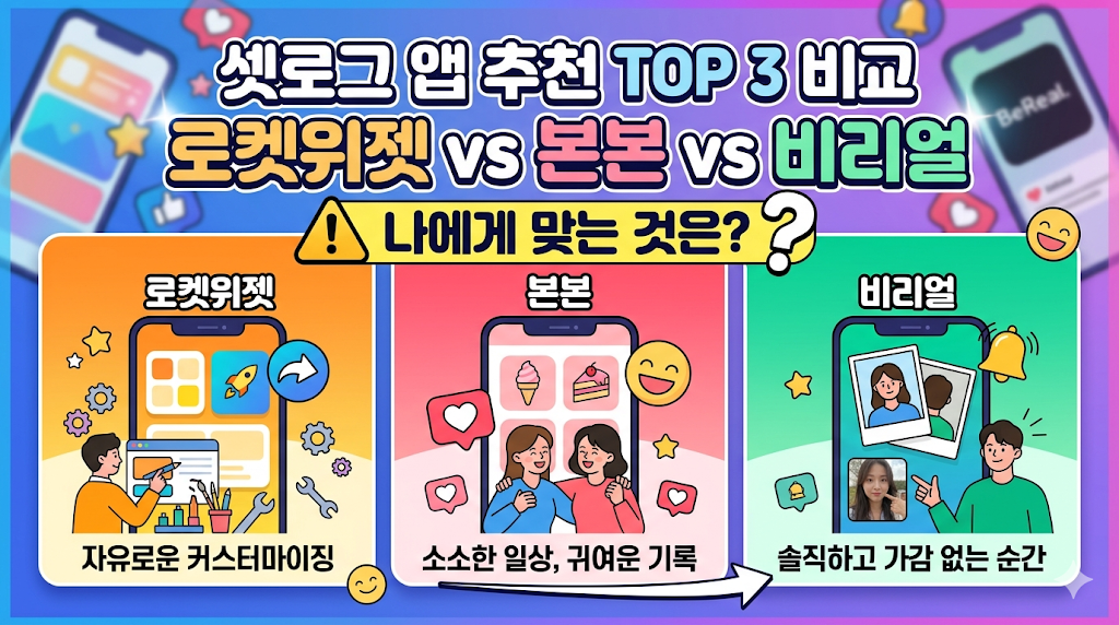 셋로그 앱 추천 TOP 3 비교: 로켓위젯, 본본, 비리얼 중 나에게 맞는 것은?