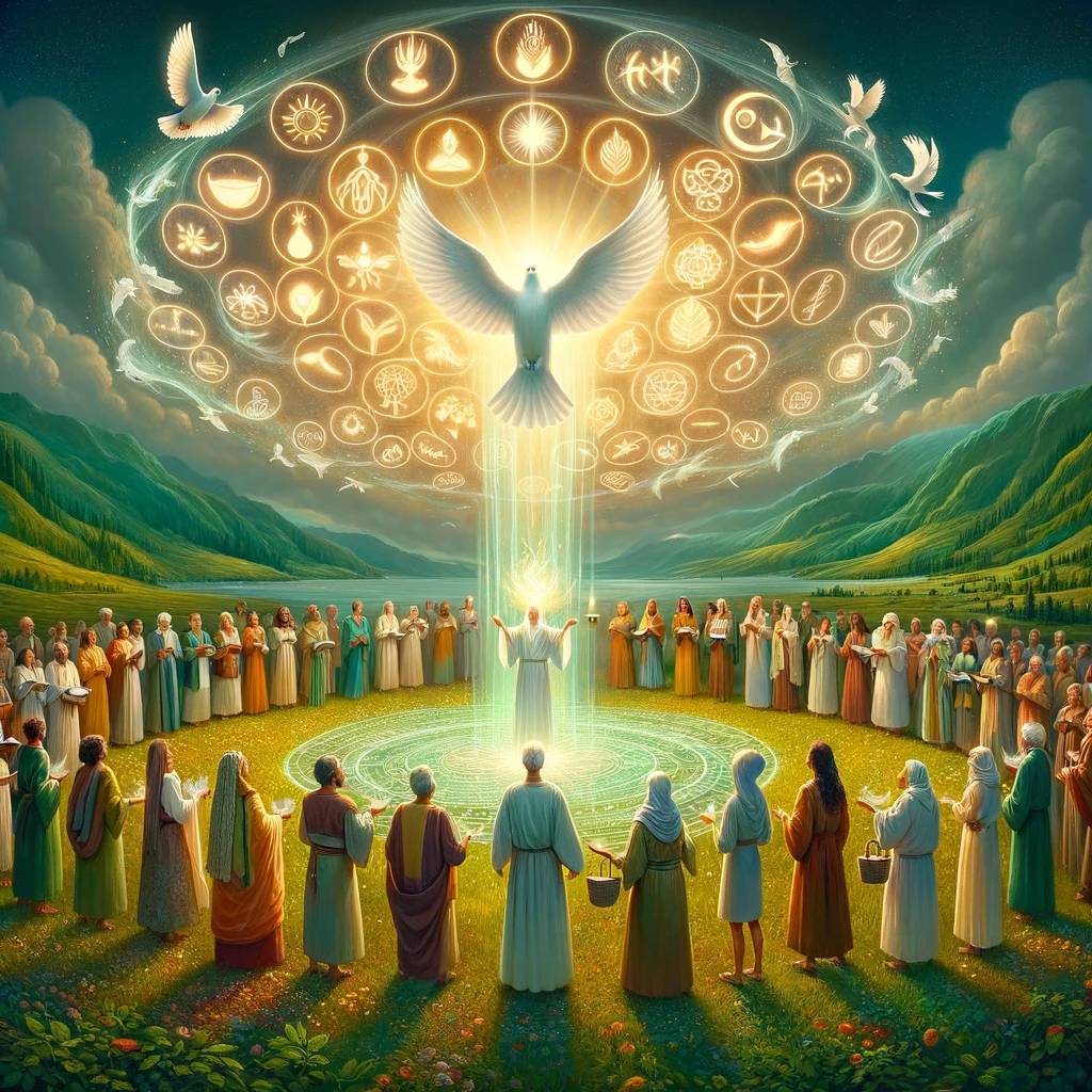 Here is the image depicting the Holy Spirit bestowing gifts upon people of all nations and ethnicities, enabling them to speak in different tongues and praise God. If there are any adjustments or additional details you'd like, feel free to let me know!