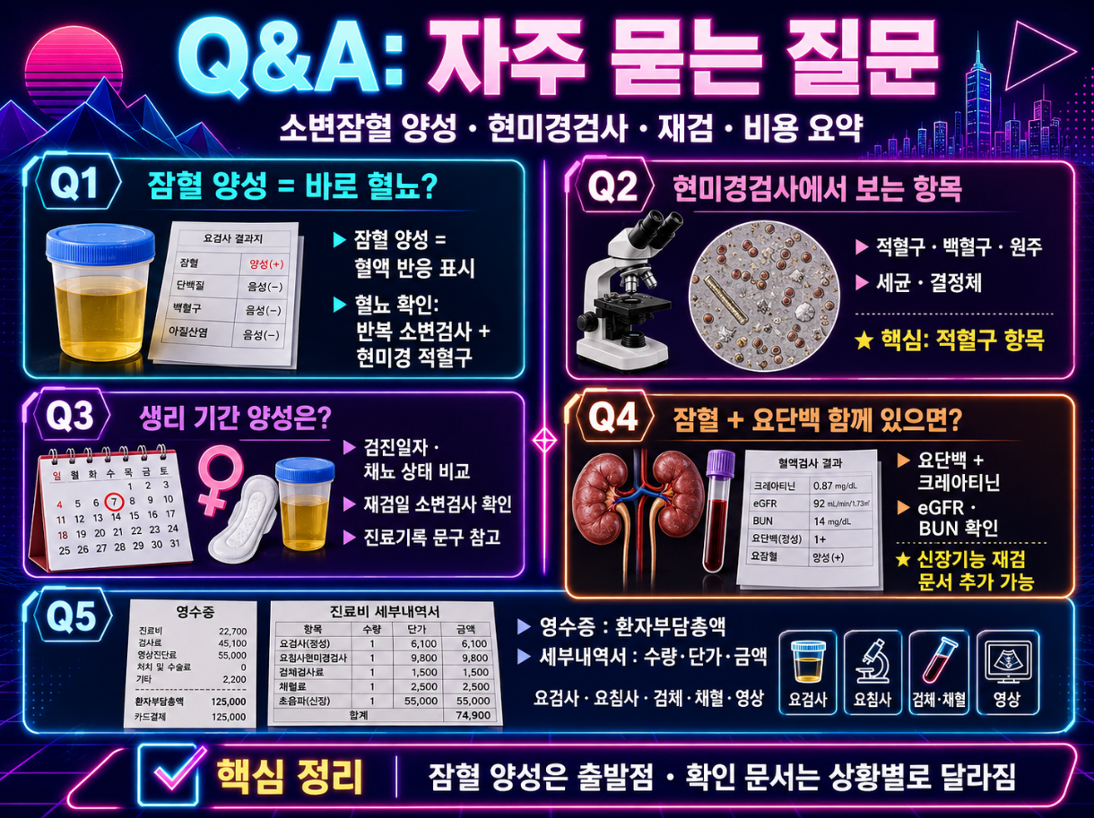 소변잠혈 양성, 현미경검사, 생리 기간, 요단백 동반, 외래 재검 비용에 대한 Q&amp;A 신스웨이브 인포그래픽