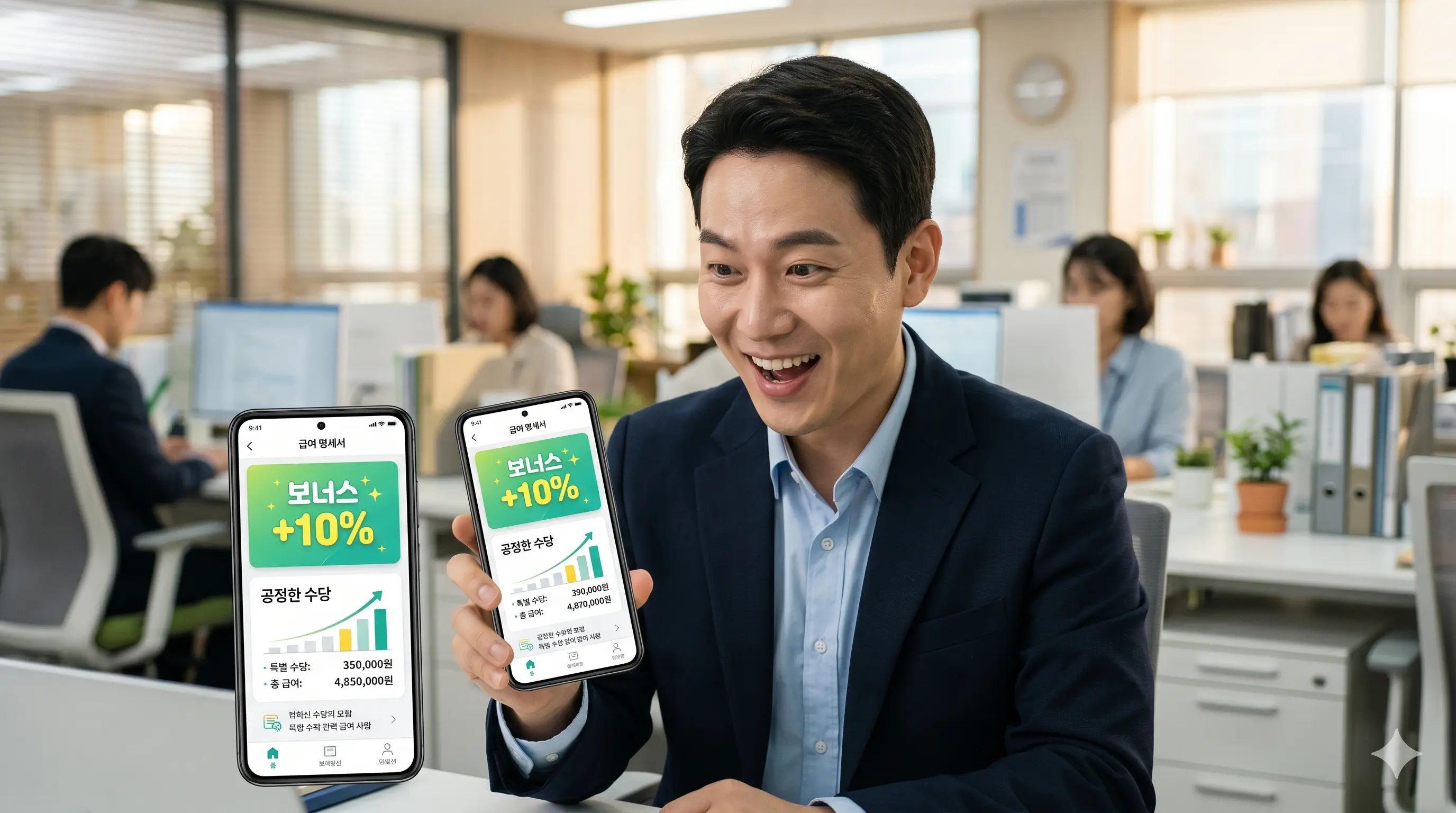 공공부문 공정수당 도입으로 인해 인상된 급여를 확인하며 기뻐하는 기간제 근로자