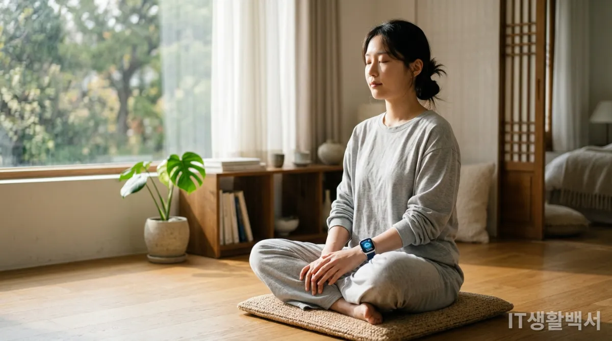 스마트워치를 보며 명상하는 한국인. 화면에는 스트레스 지수 또는 마음챙김 앱이 표시되어 있다.
