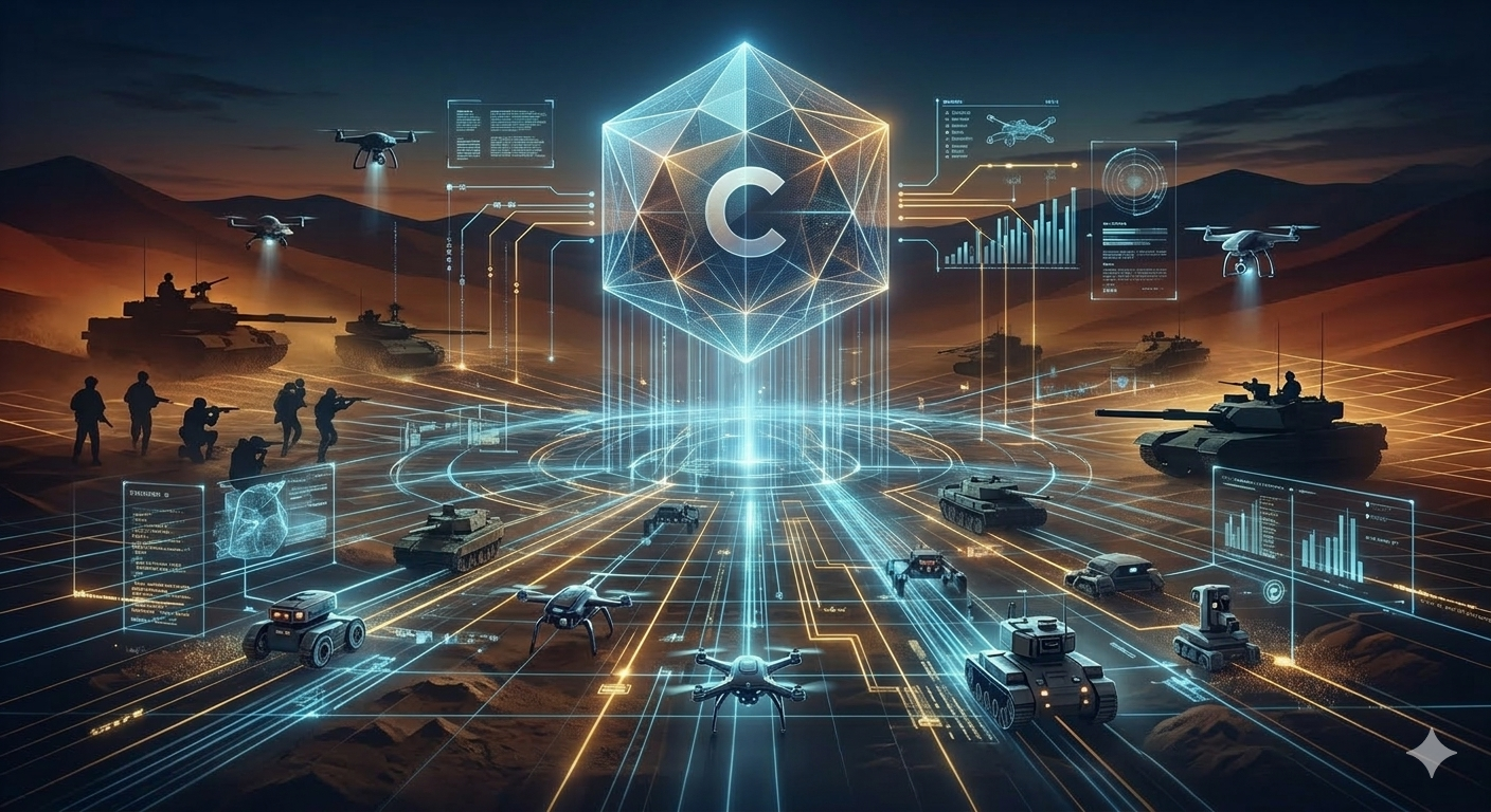 황량한 사막 전장에 탱크와 드론이 배치되어 있고, 그 위로 거대한 기하학적 형태의 AI 코어와 디지털 그리드가 펼쳐진 모습. 중심부에는 클로드를 상징하는 알파벳 C와 분석 차트가 홀로그램으로 떠 있어 과거와 미래 기술의 충돌을 시각화함.