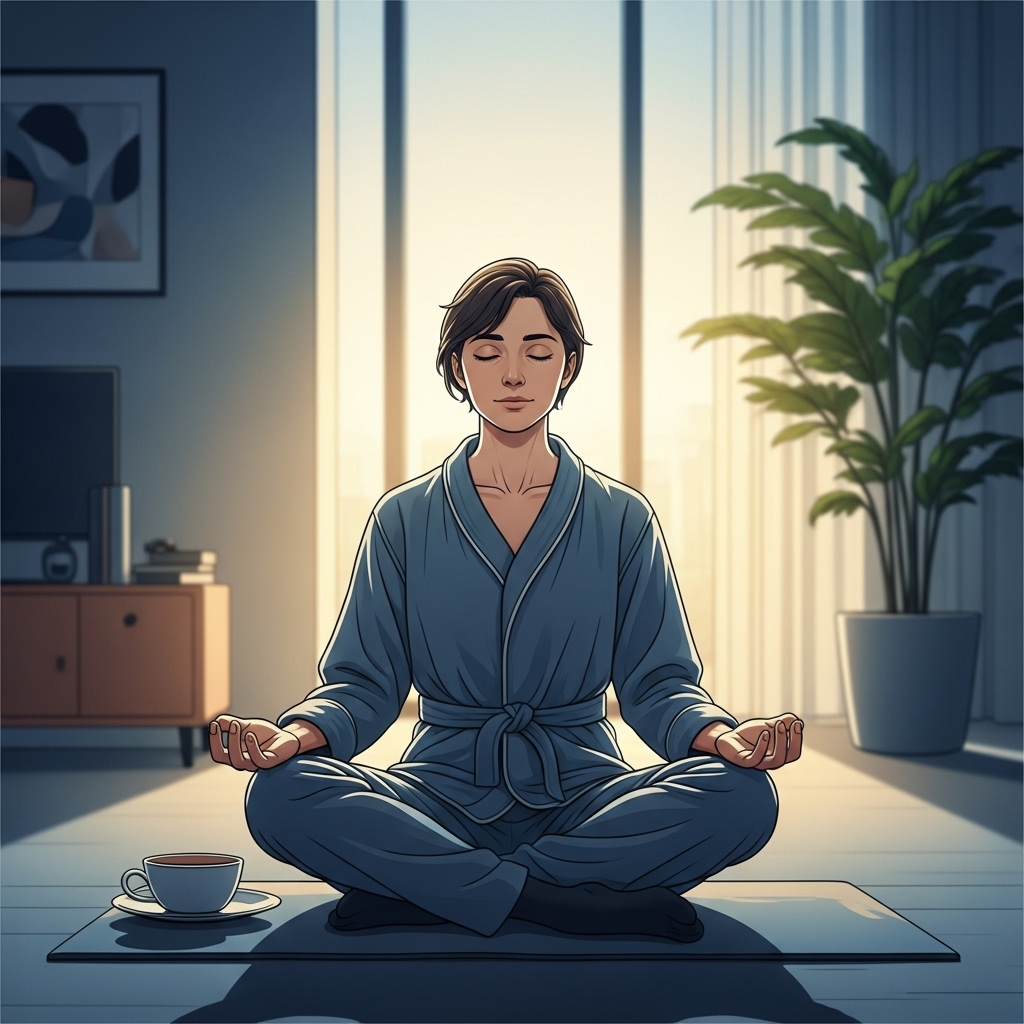 차분한 표정으로 명상하며 평온함을 느끼는 사람의 모습, 멘탈 건강 관리의 중요성을 보여줍니다.