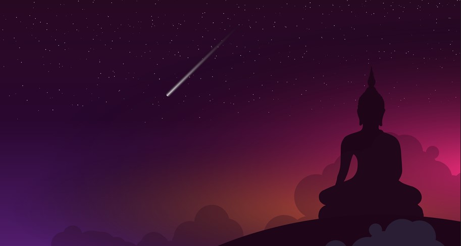 밤하늘에 무수히 많은 별들이 빛나고 부처님이 앉아 계시는 실루엣이 보이는 사진