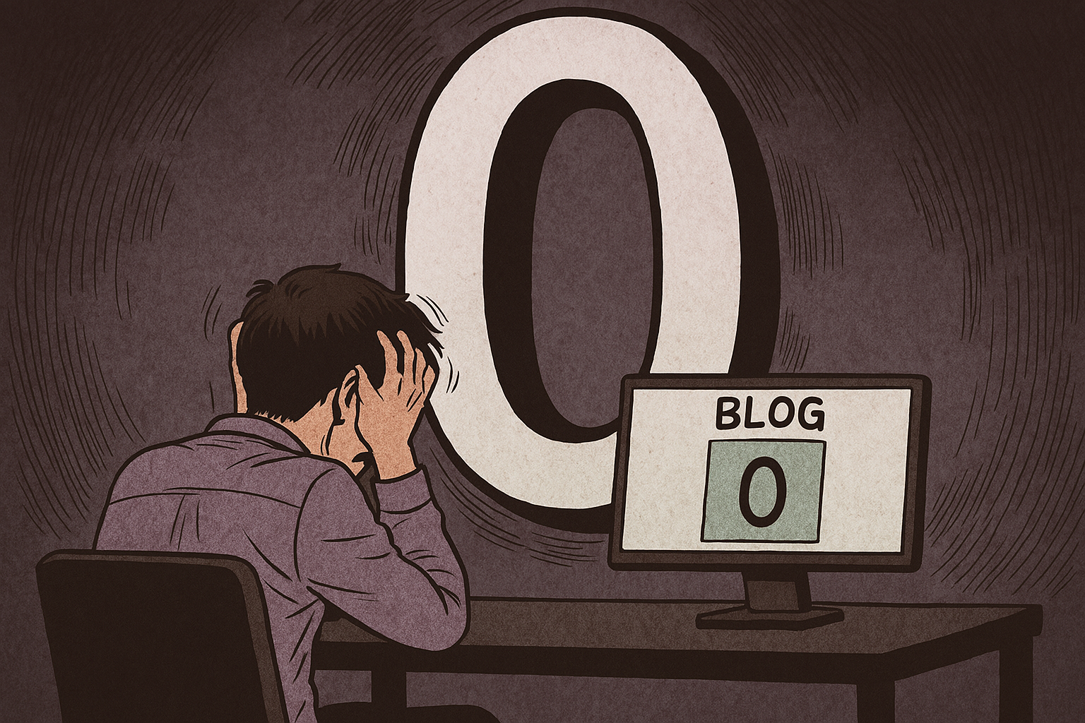 한 남성이 모니터 앞에서 좌절한 표정으로 자신의 블로그 글의 조회수 '0'을 보고 있다. 그의 머리 위로는 거대한 숫자 '0'이 그림자처럼 드리워져 그를 압박하고 있다.
