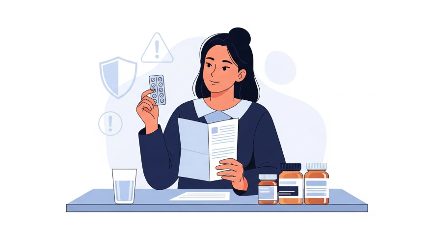 약을 먹기 전 복용 주의사항을 확인하는 한국인 여성 일러스트