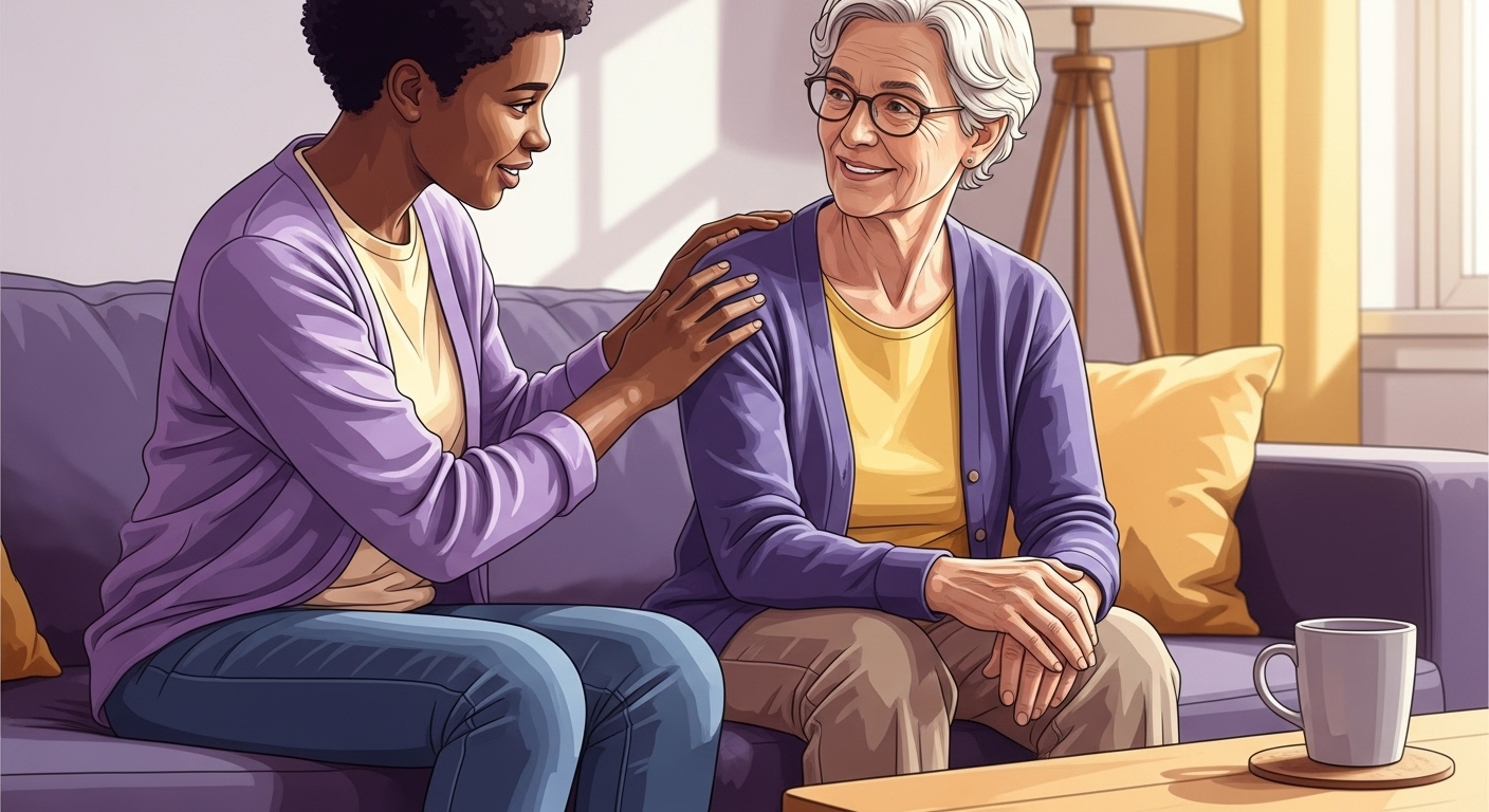 따뜻한 보라색과 노란색이 조화로운 공간에서 서로를 위로하는 두 사람