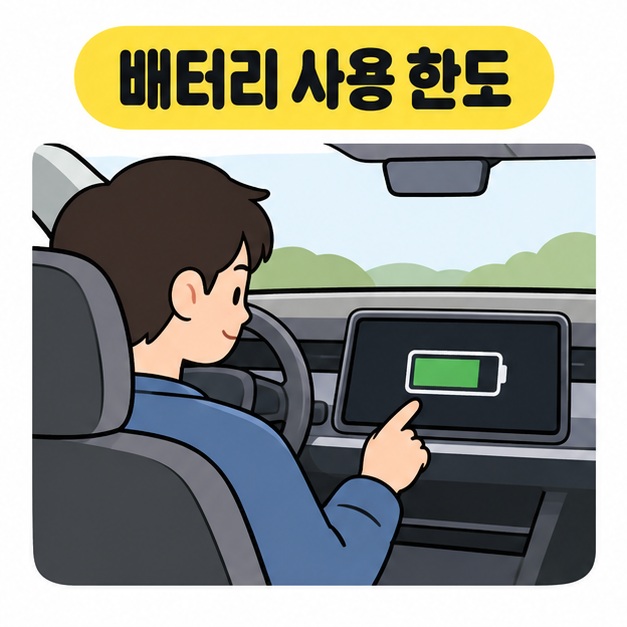 배터리 사용 한도라는 제목 아래 사람이 차량 화면의 배터리 아이콘을 확인하는 그림