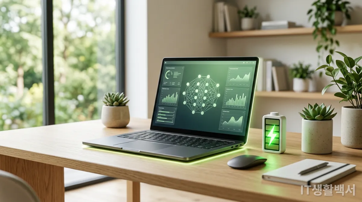 AI PC 노트북의 에너지 효율성을 상징하는 녹색 빛과 오래 지속되는 배터리 아이콘