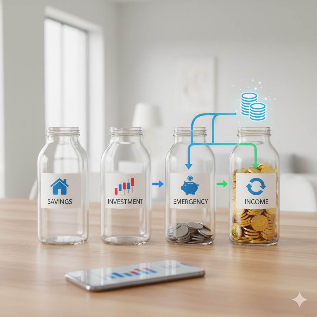"밝고 깔끔한 실내 공간의 나무 테이블 위에 네 개의 투명한 유리병이 일렬로 놓여 있습니다. 각 병에는 돈의 용도를 나타내는 아이콘과 영문 라벨이 붙어 있어 통장 쪼개기 개념을 시각적으로 설명합니다. 가장 왼쪽 병에는 파란색 집 아이콘과 'SAVINGS'가, 그 옆 병에는 빨간색과 파란색 캔들스틱 차트 아이콘과 'INVESTMENT'가 쓰여 있으며 두 병 모두 비어 있습니다. 세 번째 병에는 파란색 돼지 저금통 아이콘과 'EMERGENCY' 라벨 아래 동전이 절반 정도 채워져 있고, 가장 오른쪽 'INCOME'이라고 쓰인 병에는 금화가 가득하며 순환하는 화살표 아이콘이 함께 있습니다. 'INCOME' 병 위로는 빛나는 파란색 동전 더미 홀로그램이 떠 있으며, 'INCOME' 병에서 'EMERGENCY', 'INVESTMENT', 'SAVINGS' 병으로 빛나는 파란색과 녹색의 곡선 화살표가 이어져 수입이 각 목적에 따라 배분되는 자동화된 돈의 흐름을 보여줍니다. 테이블 앞쪽에는 화면에 막대 그래프가 표시된 스마트폰이 놓여 있어 재정 관리를 상징합니다. 전체적으로 현대적이고 명확한 디자인으로 자산 배분 과정을 효과적으로 전달하는 이미지입니다.