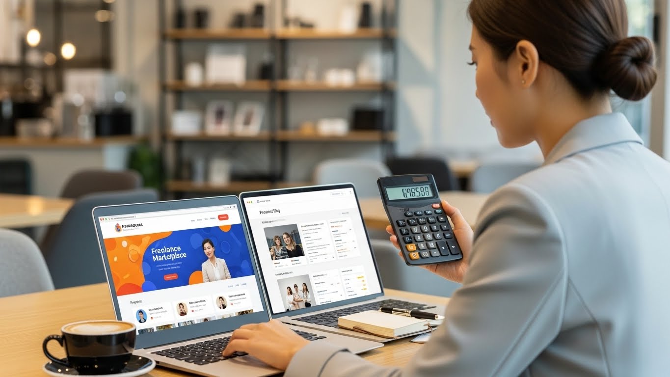 판매 플랫폼별 수수료를 계산하며 최적의 판매 전략을 구상하는 한국 여성 크리에이터