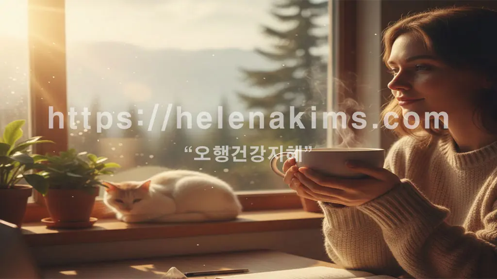 밝은 햇빛이 들어오는 창가에 따뜻한 커피 한 잔을 들고 있는 여성과 그 창가에는 고양이 한 마리가 앉아 있는 모습.