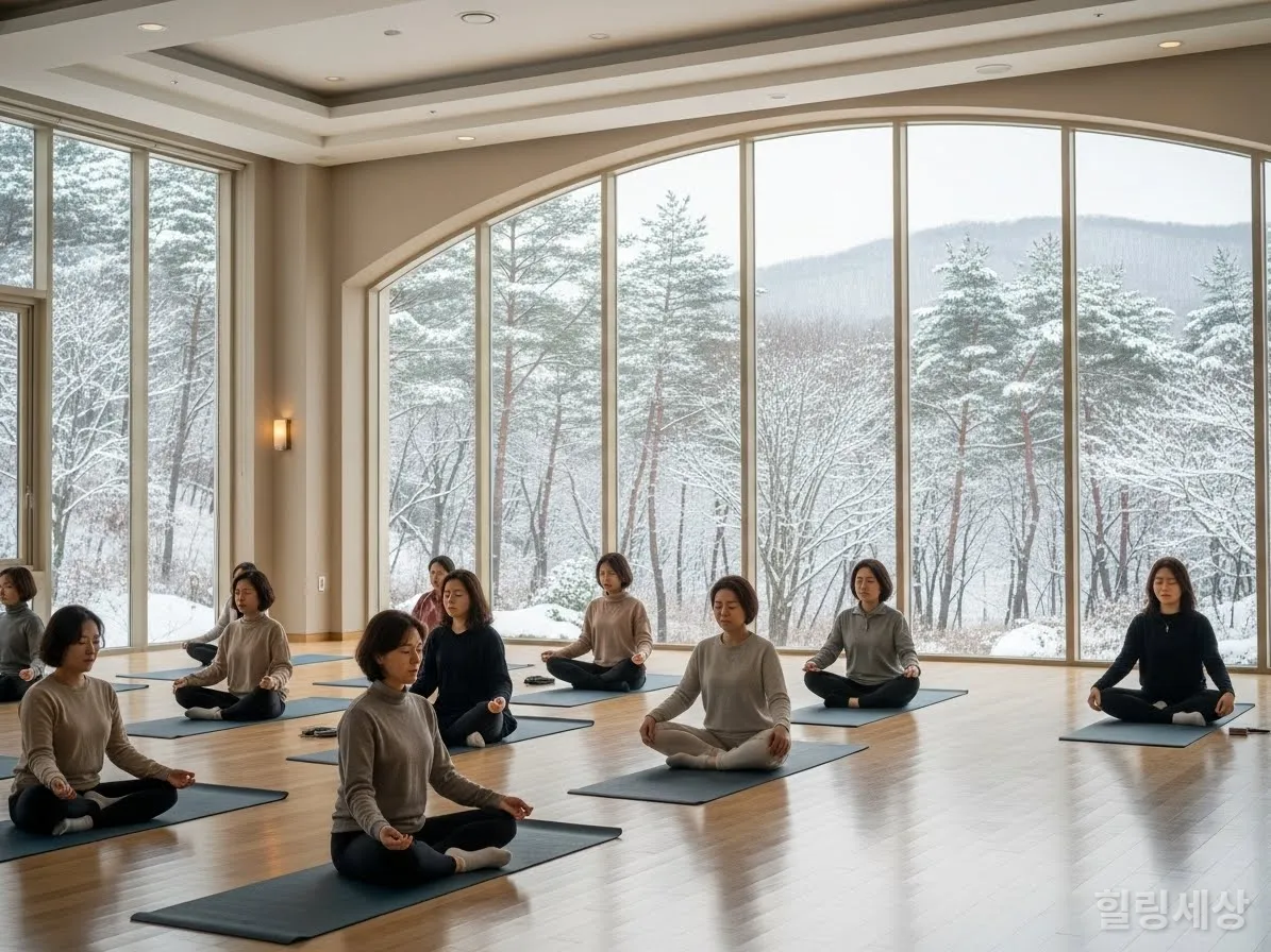 웰니스 리조트 명상홀에서 요가하는 사람들