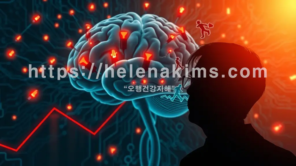 인간 뇌의 복잡한 신경망 중 일부가 끊긴 회로처럼 묘사. 뇌 주변에 점멸하는 경고등 아이콘과 계단식 하락 그래프 이미지.