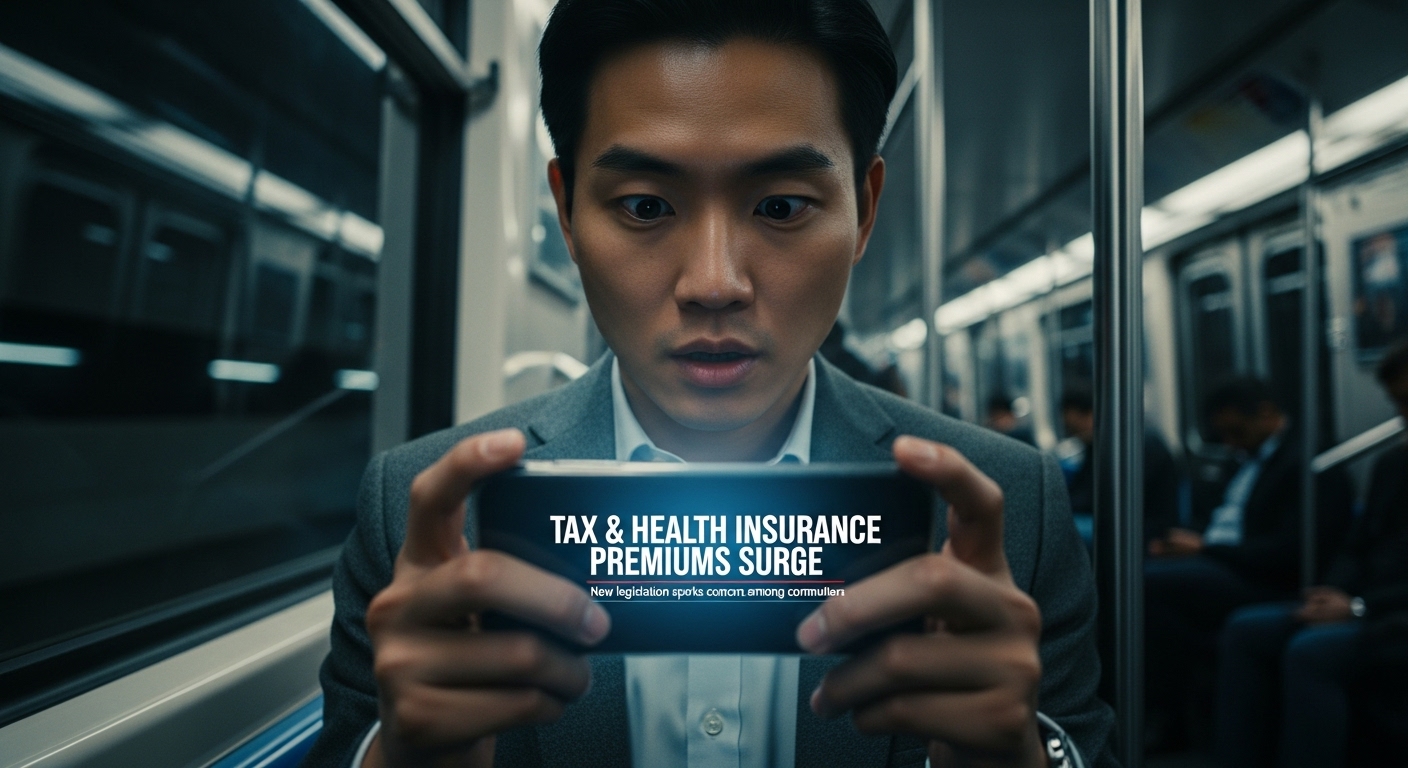 지하철에서 스마트폰으로 금융 정보를 확인하며 놀라는 직장인의 모습