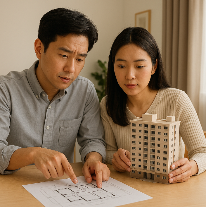 건축 도면과 아파트 모델을 함게 검토하는 장면