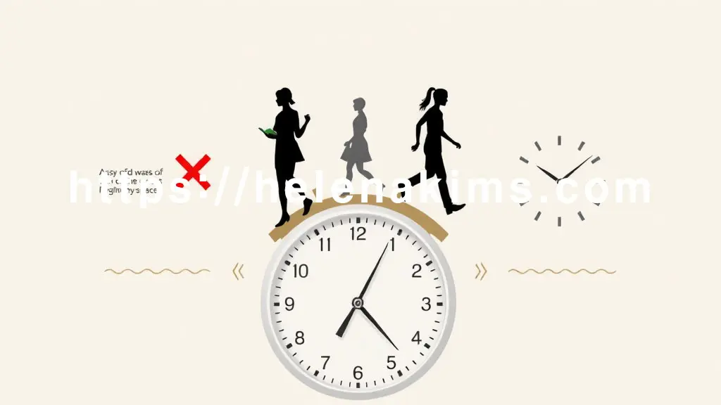 깔끔한 배경 위에 시계와 기능성 위생 공간, 왼쪽 실루엣은 불필요하게 긴 시간 머무는 모습(손에 잡힌 책이나 기기)과 함께 붉은색 'X' 표시. 오른쪽 실루엣은 용무 후 즉시 이동하는 간결한 모습과 함께 녹색 '체크' 표시.