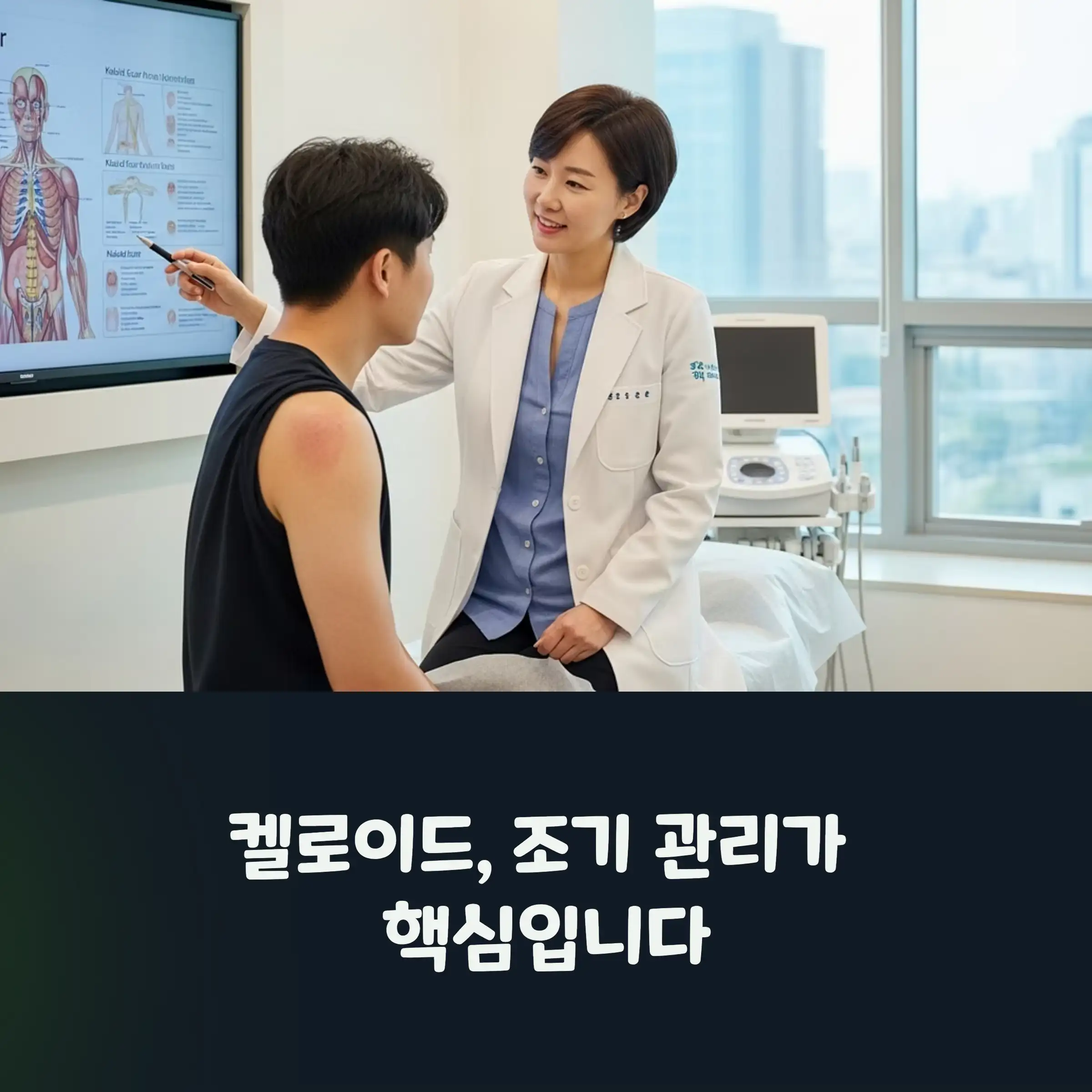 켈로이드 환자가 켈로이드 완화 방법에 대해서 의사에게 설명을 듣고 있다.