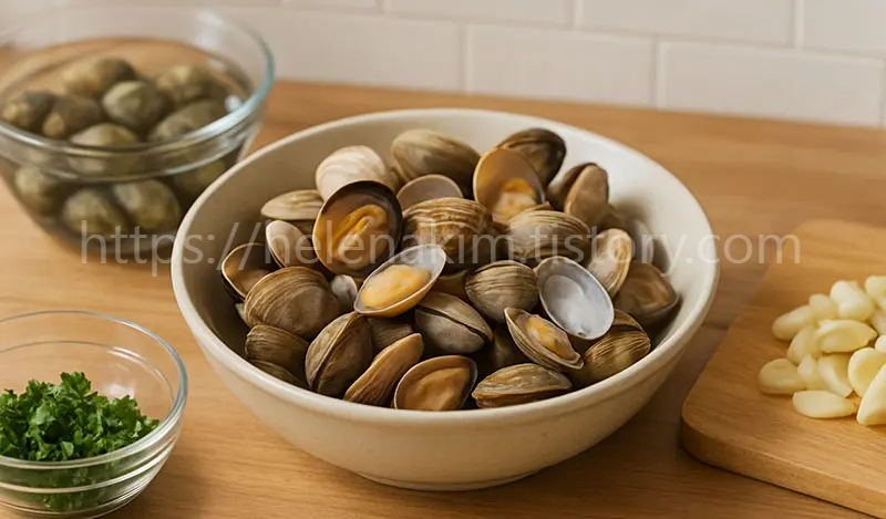 식탁 위에 그릇에 담 삶은 바지락과 마늘 이미지.