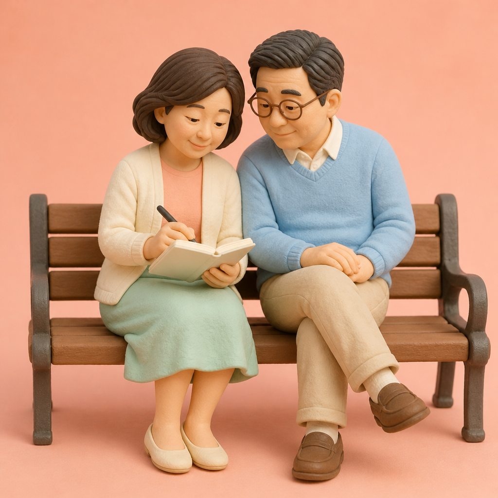 공원 벤치에 앉아 수첩에 숫자를 적는 부부