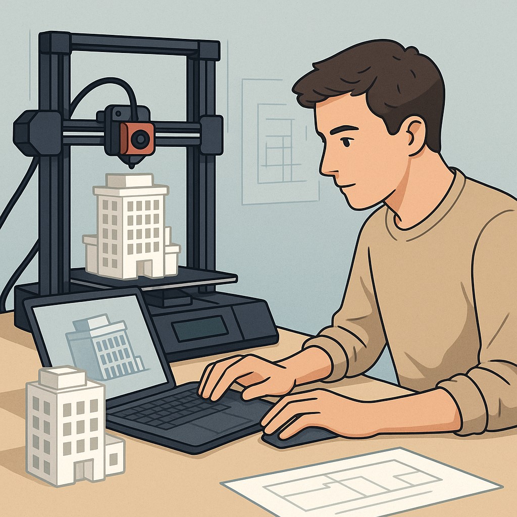 3D 프린터로 건축 모형을 출력하고 있는 젊은 디자이너 작업 장면 대표 이미지