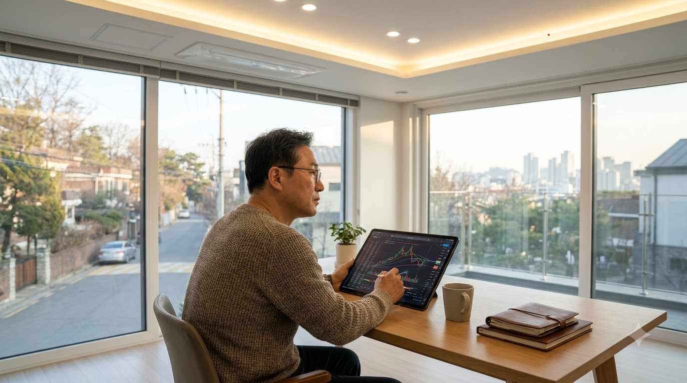모던한 홈 오피스 환경에서 전문 투자자가 태블릿으로 FOMC 금리 시나리오와 4분기 지수 리밸런싱 체크리스트를 정밀 확인하는 모습