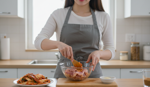 주방에서 돼지고기 밑간을 하고 있는 이미지