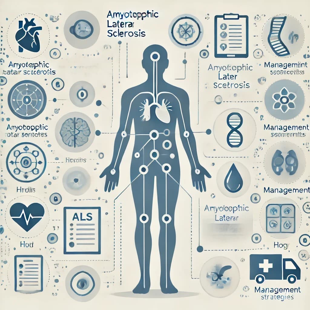 근위축성 측색 경화증(ALS) 증상 및 관리법 인포그래픽: ALS의 주요 증상, 치료 옵션, 생활 관리 전략을 시각적으로 설명한 교육용 이미지