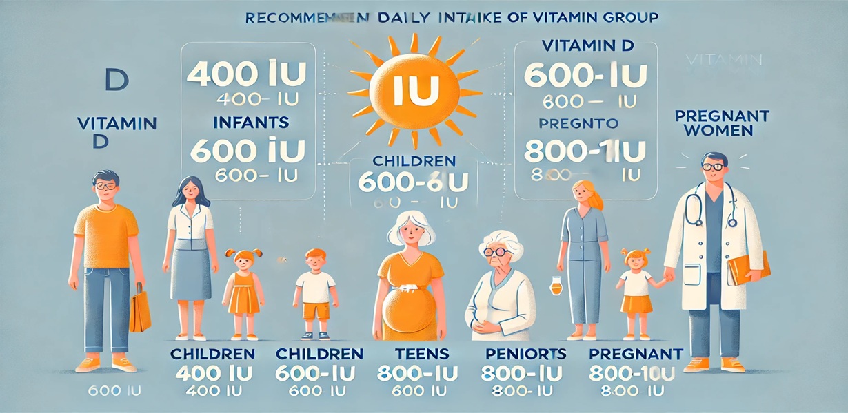 영유아, 어린이, 청소년, 성인, 노인, 임산부를 위한 비타민D 권장 섭취량 인포그래픽