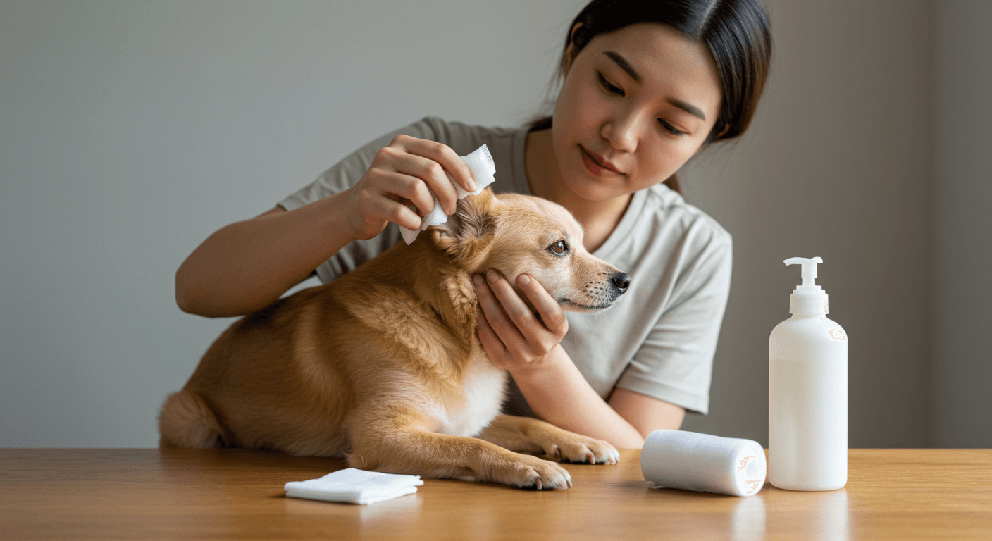 반려견의 귀를 청소하고 있는 초보주인