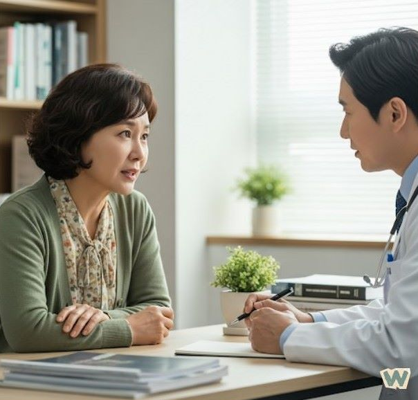 40-50대 중년 여성이 의사와 상담하며 공황장애 치료에 대해 논의하는 장면, 정신건강 전문의 진료 모습 via Gemini