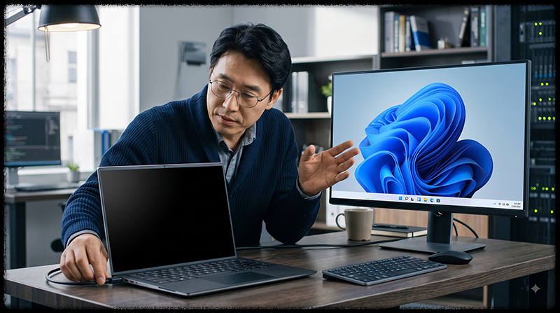 노트북 내장 화면은 검지만 외부 모니터에는 Windows 화면이 정상적으로 출력되는 모습