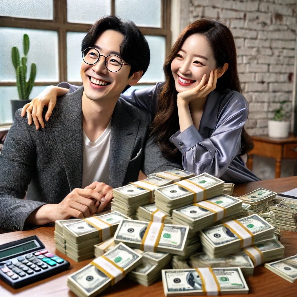 젊은 부부가 책상위의 돈을 보며 즐거워하고 있다.