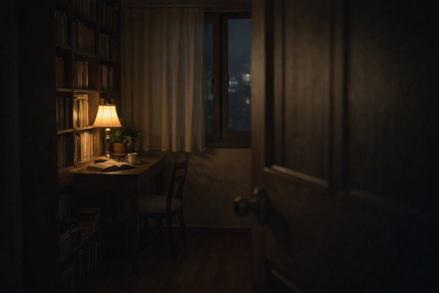 조용한 밤, 불이 켜진 서재 책상 위에 펼쳐진 책과 스탠드 조명