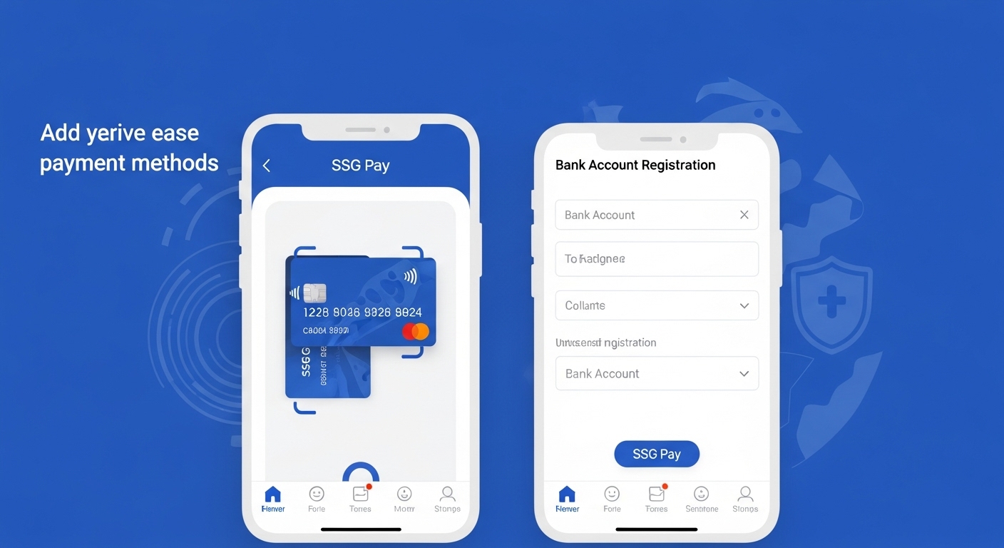SSG페이 앱에서 카드 스캔 및 계좌 등록 과정을 보여주는 분할 화면, 결제 수단 추가를 설명하는 이미지.