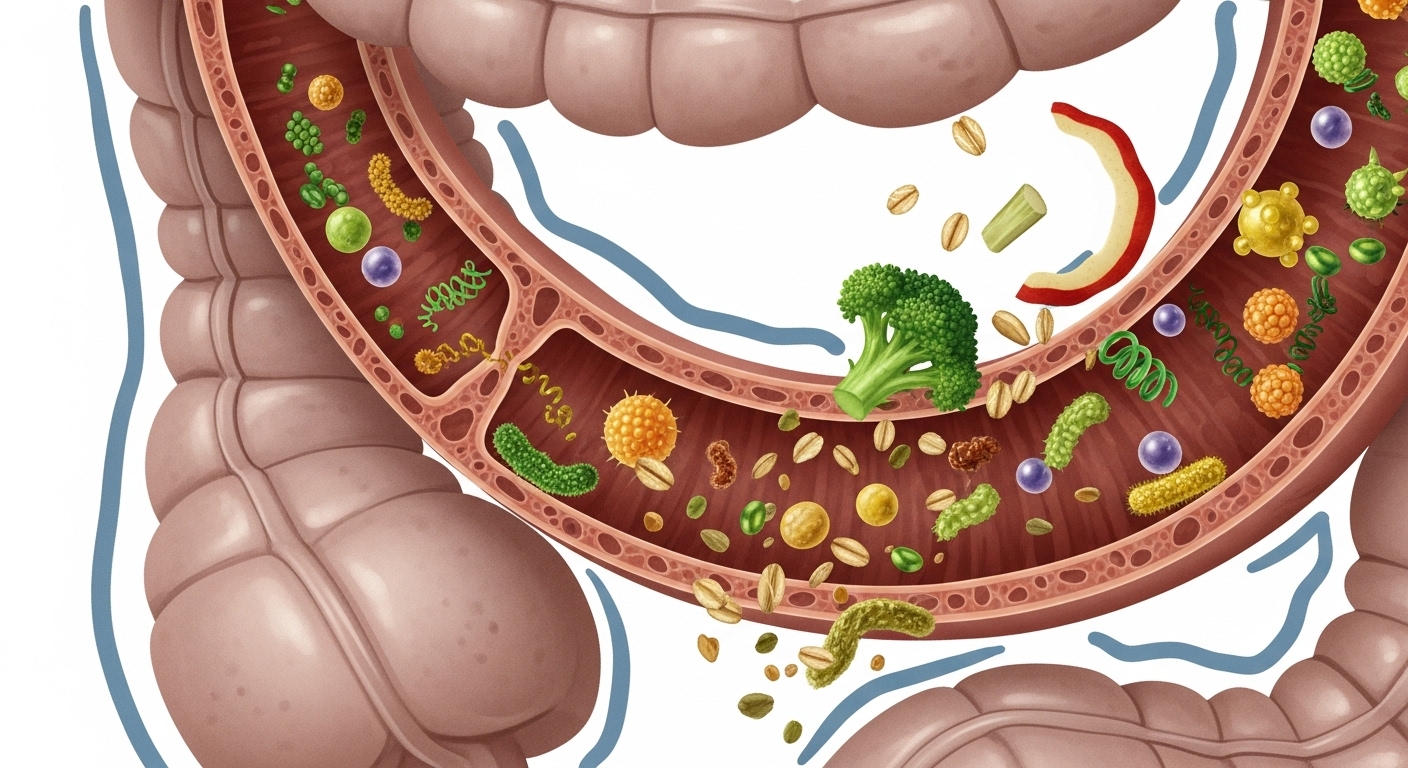 건강한 장 내부를 보여주는 일러스트레이션으로, 토란의 풍부한 섬유질이 장 건강과 소화 개선에 기여함을 시각적으로 나타냅니다.