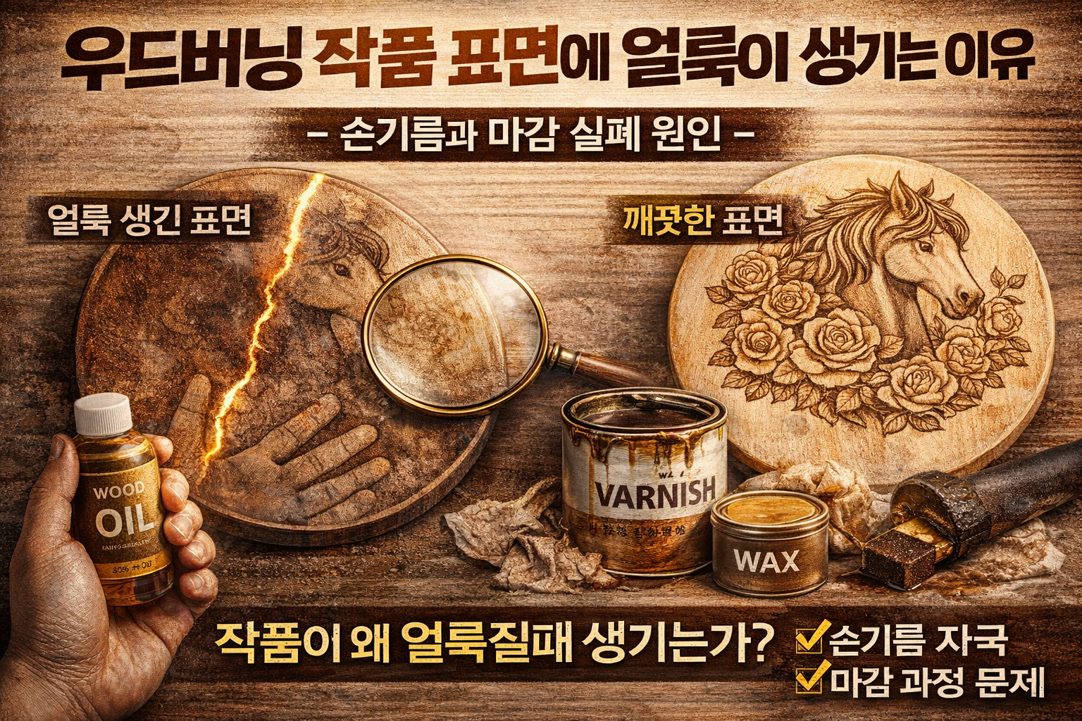 우드버닝 작품 표면에 얼룩이 생기는 이유 &ndash; 손기름과 마감 실패 원인