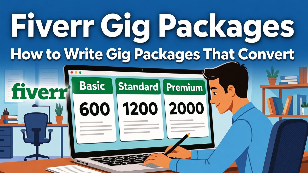 Fiverr gig package description character limit explained with Basic, Standard, and Premium packages on laptop