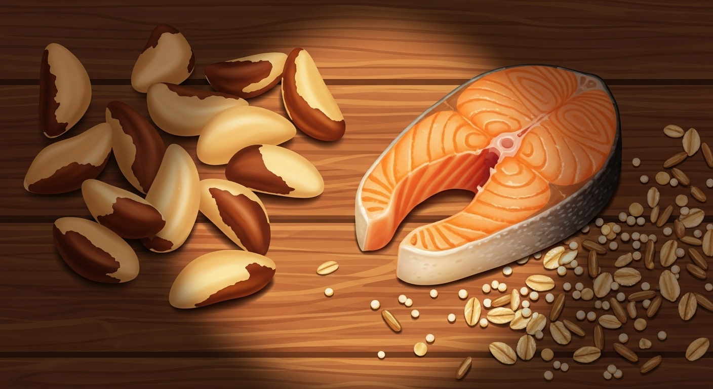 브라질너트, 연어, 통곡물 등 셀레늄이 풍부한 식품들이 나무 테이블에 놓여 있는 모습.