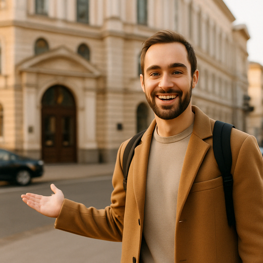 목적지 앞에 선 인물이 나타나 있는 장면으로&amp;#44; 길을 물어보고 안내받아 무사히 도착한 순간을 자연스럽게 표현합니다.