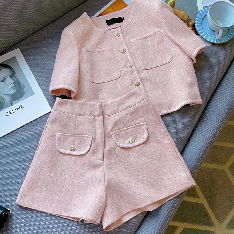 트위드 여름 반팔 진주 자켓 반바지 투피스 세트